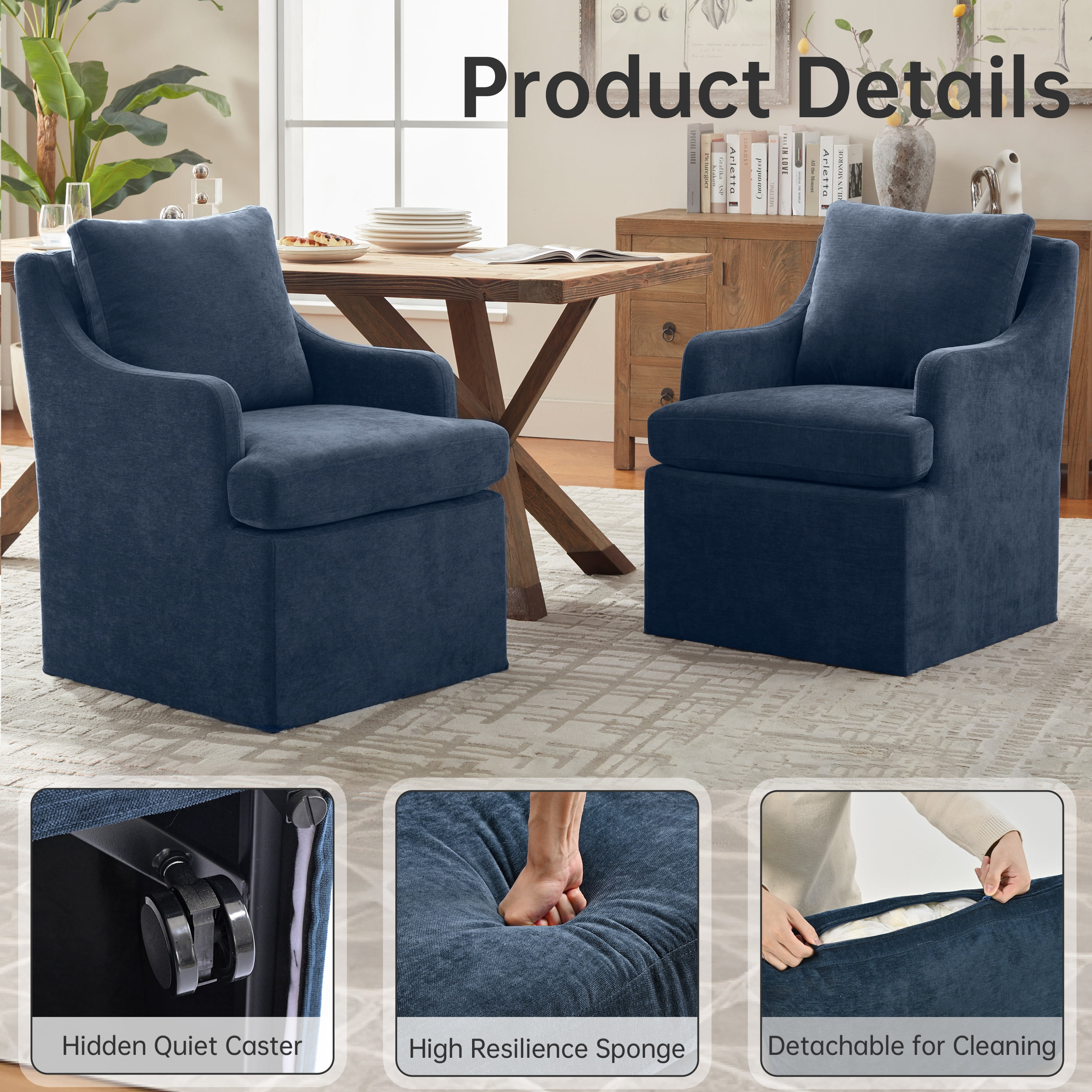 Vknow Furniture Set of 2 Upholstered Dining Chairs with Rolling Casters and Armrests for Kitchen and Dining Room,Blue
