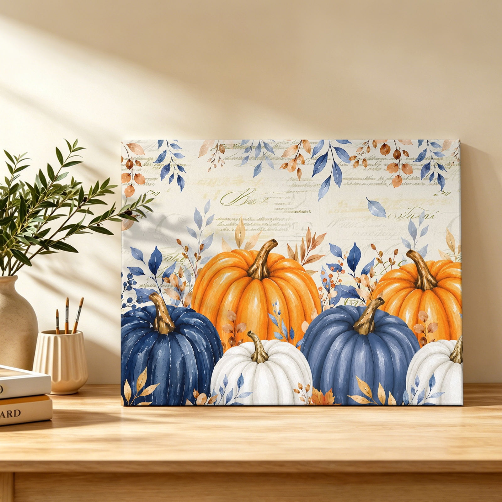 Thanksgiving Fall Canvas Wall Art Rustic Farmhouse Orange Navy Pumpkin Paper Texture Wall Art Prints Artwork Framed Canvas Ready to Hang Art Pictures for Bedroom Living Room Closet Kitchen 16 x 12