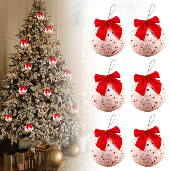 Christmas Ball Ornaments with Red Bow,6PCS 8cm Pink Pre-Strung Hanging Ornament Decorations,Xmas Glitter Shatterproof Plastic Balls for Holiday Party Wreath Garlands Trees(3.15")