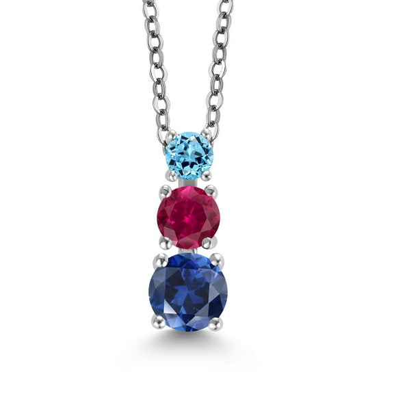 Gem Stone King Blue Created Sapphire Red Created Ruby Swiss Blue Topaz 3 Stone Pendant Necklace for Women (1.00 cttw, Gemstone Birthstone, Round 5MM, 4MM and 3MM, with 18 inch Chain)