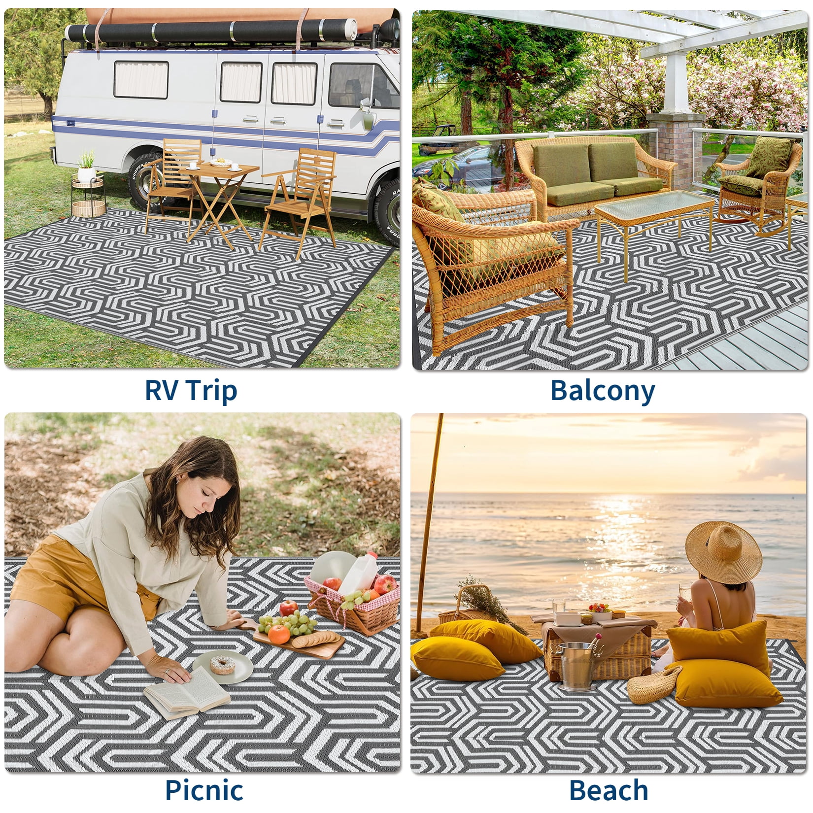 Garvee Waterproof Outdoor Rug 8x10ft Reversible Patio Rug, Plastic Straw Rug RV Camping Rug for Deck Balcony Porch Picnic Backyard, Gray White