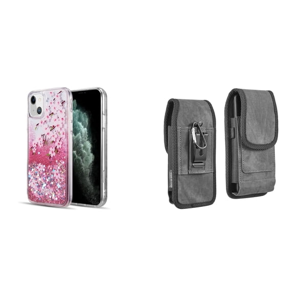 Liquid Glitter Case for iPhone 14 Plus and Belt Holster Pouch - Cherry Blossom