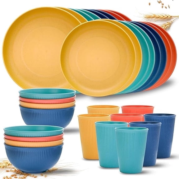 Wheat Straw Dinnerware Sets, 32 Pcs Unbreakable Dinnerware Sets for 8, Kitchen Plates and Bowls Set, Microwave Dishwasher Safe, Colorful