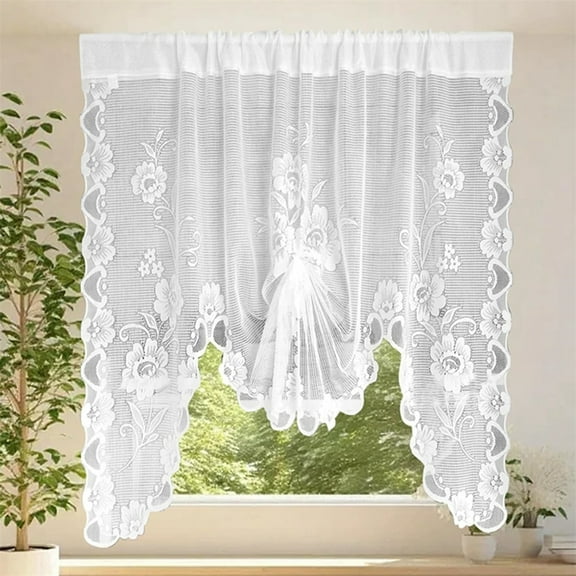 Scheam White Flower Embroidery Curtain,1 Panel Semi Sheer Floral Lace Valance,Short Tie Up Swag Curtain,Flower Roman Curtain,for Kitchen Bathroom Half Window (70"×39")