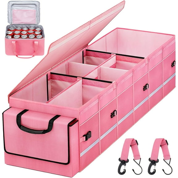 Car Trunk Organizer and Storage with Lid & Removable Leakproof Cooler Bag, Customized Space Pink Car Interior Accessories for Women Collapsible Large Trunk Organizers