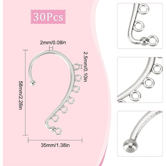 1box 30pcs Alloy Ear Cuff Findings with 7 Horizontal Loop Ear Wrap Earring Hooks for Non Piercing Earring Making Silver 58x35x2mm Hole: 2.5mm