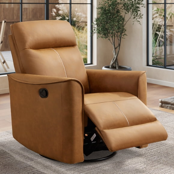 ANJ Manual PU Leather Recliner Chair, Swivel Rocker Recliners with Padded Armrest and Backrest, Nursery Rocking Reclining Chair for Living Room, Bedroom, Caramel