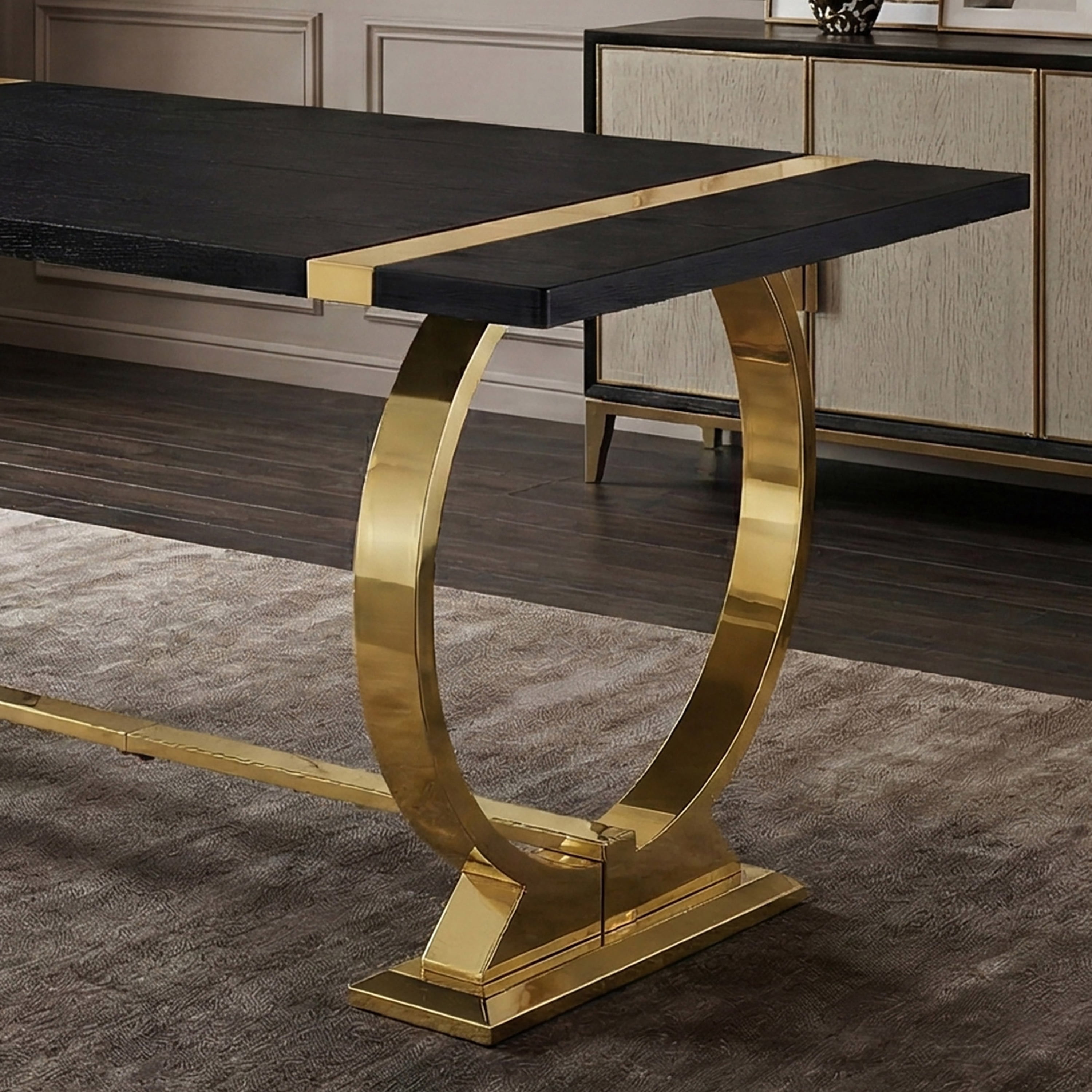 Furniture of America Gaius Glam Wood 60" Rectangle Dining Table with O-Shaped Stainless Steel Trestle Base, Black and Gold