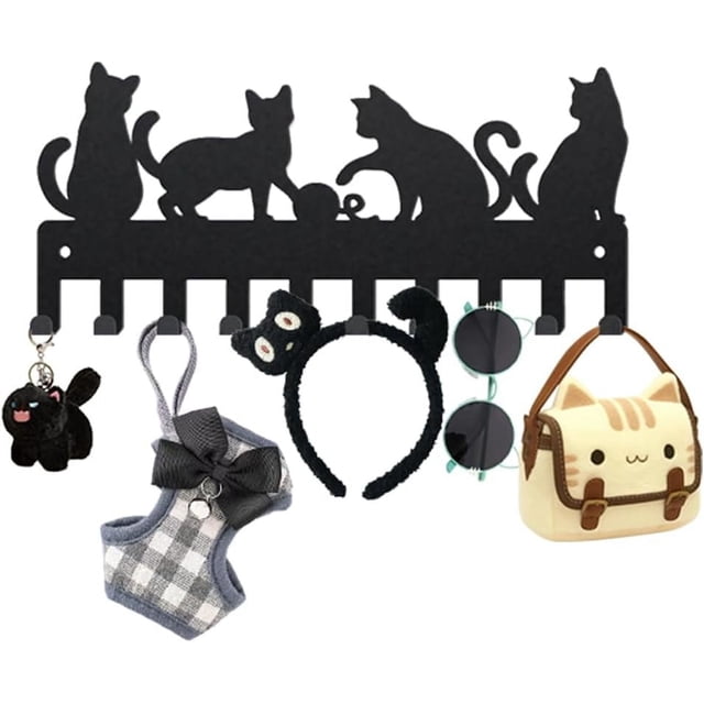 Perchero de pared de metal con forma de gato, 25 x 11 cm, diseño de bola de lana, cuatro gatos juguetones, 10 ganchos, diseño de animales bonitos, color negro.