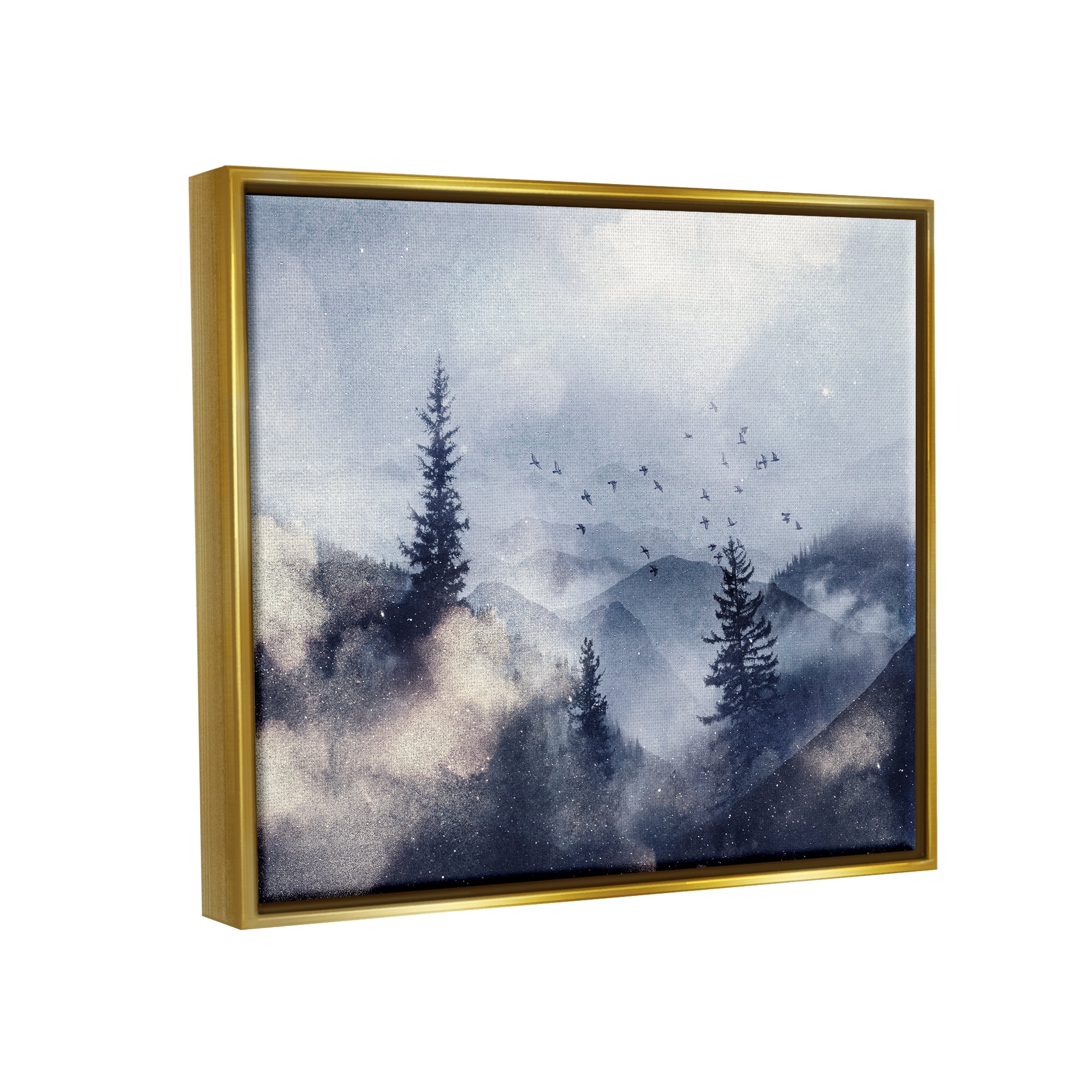 Stupell Industries Birds Over Mountain Scene Nature Painting Gold Floater Framed Art Print Wall Art, 31 x 25