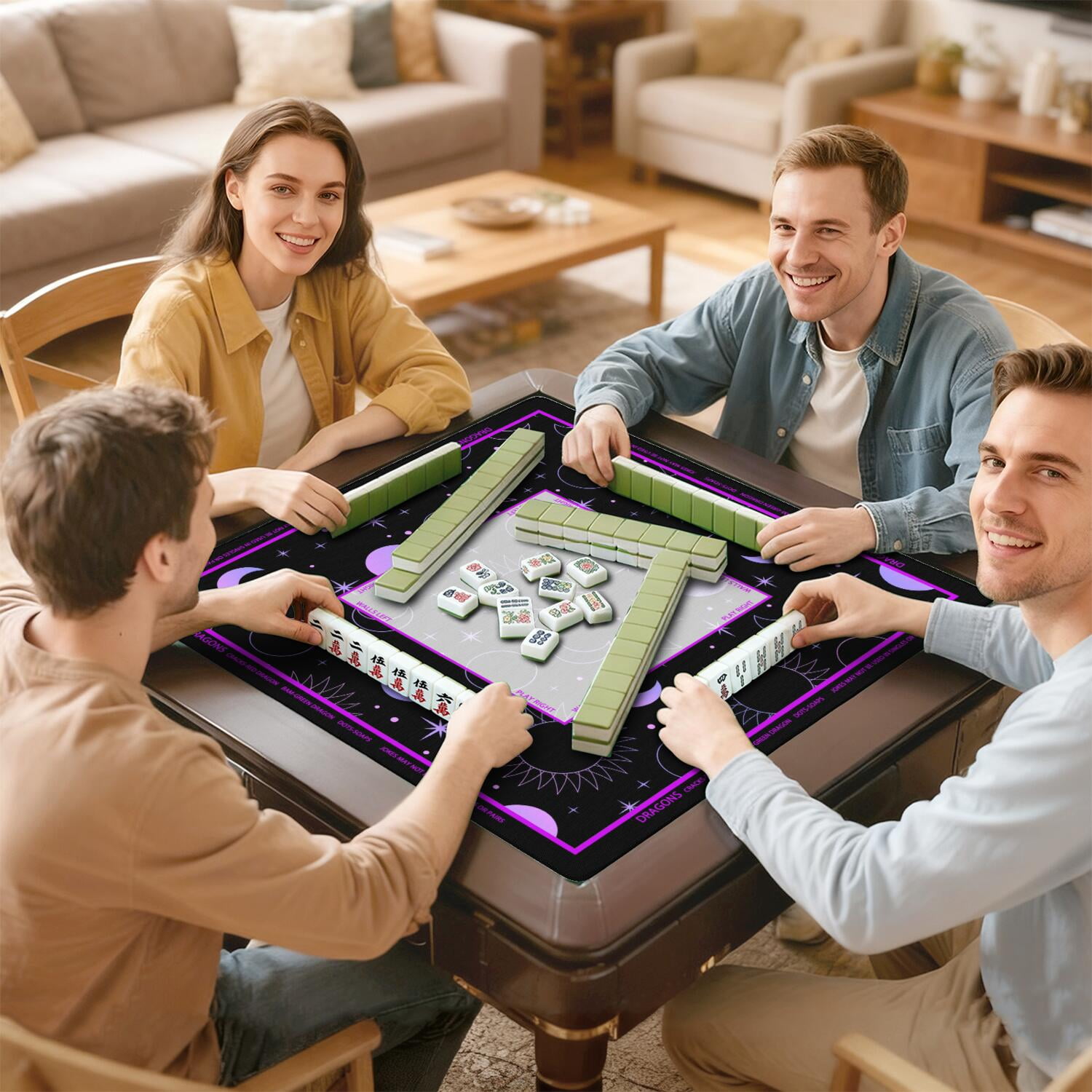 Purple Mahjong Mat with Rules, 31.5*31.5in Anti Slip American Mahjong Mat for Table, Noise Reduction, Neoprene Mah jongg Mats with Carrying Bag & 3 Dices, Mahjong Set Gift, Board Tile Games Mats