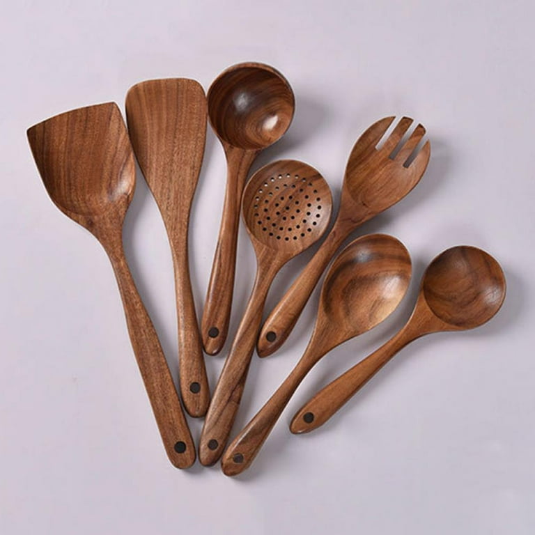 Zulay Kitchen Teak Wooden Cooking Spoons (6 PC Set) - Brown