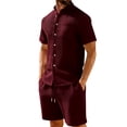 thumbnail image 2 of Hogleaql Men's Casual Short Sets 2 Piece Outfits 2026 Summer Short Sleeve Button Shirts and Shorts Tracksuits Elastic Waist Loose Lightweight Matching Sets with Pockets Wine XL, 2 of 4