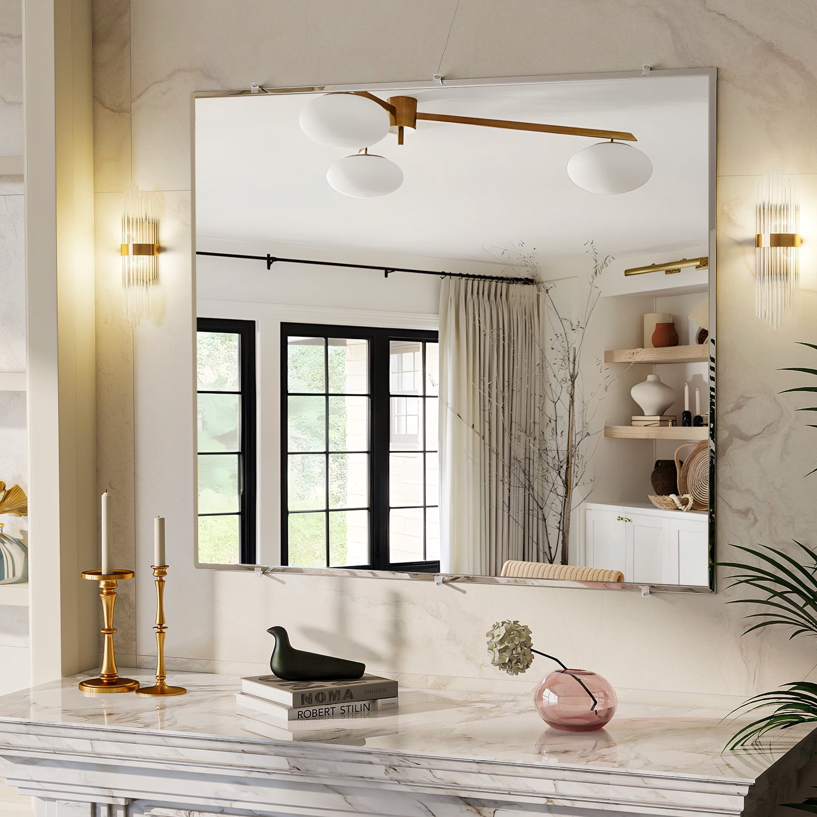 Easy4Home 30"x36" Frameless Rectangular Bathroom Mirror Beveled Edge Vanity Wall Mirror