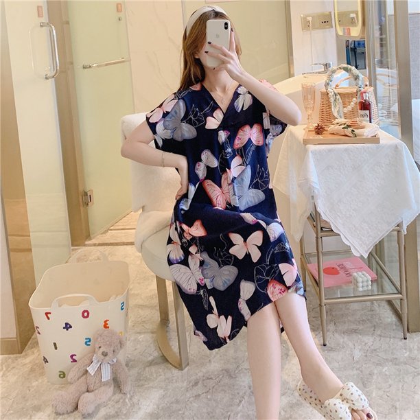Camisón de seda de algodón para mujer, pijama de verano de manga corta con estampado de dibujos animados, estilo de talla grande, suelto, de seda de algodón, ropa de casa fina