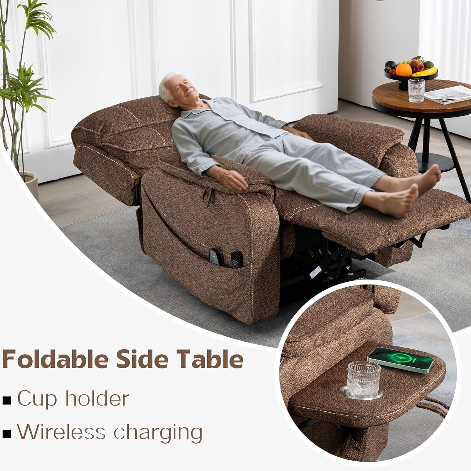 Power Lift Recliner Chair for Adults Elderly Lay Flat Velvet Recliners with Massage Heating, Extended Footrest, Wireless Charging Device, USB Ports, Cup Holder, Lumbar Pillow