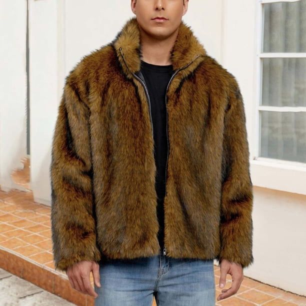 Lekwk Mens Faux Fur Coat Full Zip Turndown Collar Coats Furry