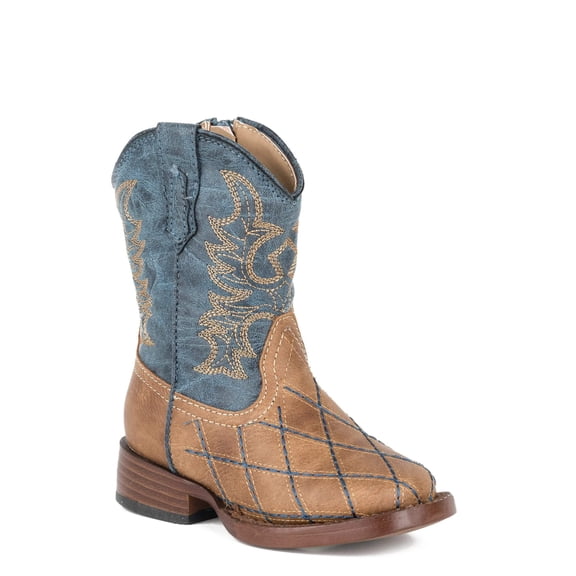 Roper Boys Cross Cut Checkered Embroidery Square Toe Cowboy Mid Calf Boot