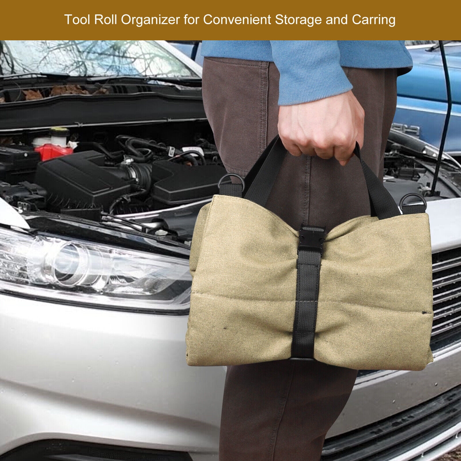 Five Zipper Pockets Roll Up Tool Bag Multi-Purpose Tool Roll Up Bag(Khaki)
