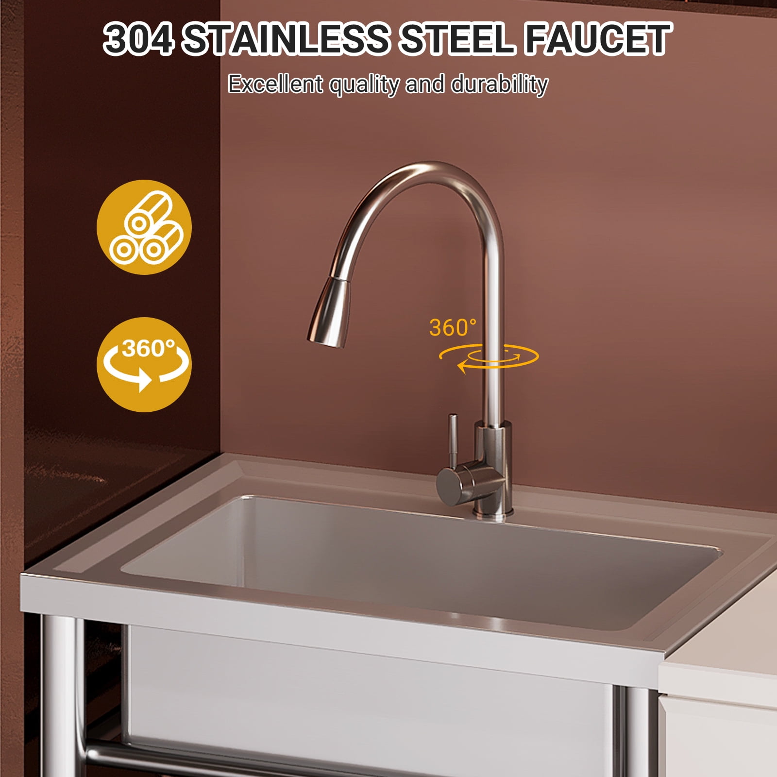 28 Inch Commercial Kitchen Sink, Single Bowl Stainless Steel Utility Sink with Pull-Out Faucet, Freestanding Washing Hand Basin with Open Storage Shelf for Garage, Restaurant, Laundry Room
