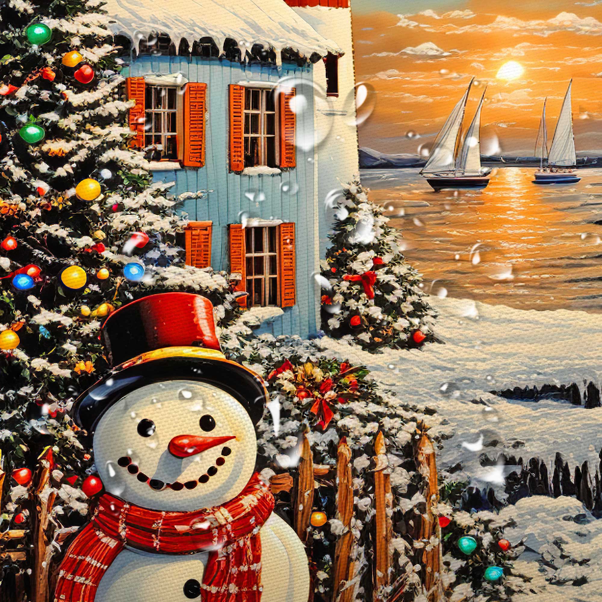Christmas Lighthouse Shower Curtain, Snowman Snowy Xmas Trees Winter Ocean Coastal Scene Bath Curtain, Rustic Farmhouse Bathroom Accessories for Xmas Bathroom Curtain Liner Set with Hooks, 72X72in