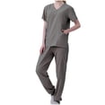 thumbnail image 3 of qolati 2024 Scrub Set for Women Nurse Uniform Jogger Suit Button V Neck Stretch Top and Track Pants with Pocket for Nurse Esthetician Workwear Gray S 4, 3 of 5