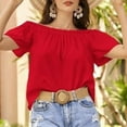thumbnail image 4 of Off Shoulder T Shirts for Women 2025 Cute Ruffle Trim Short Sleeve Casual Plain Tee Shirt Womens T Shirts, 4 of 7