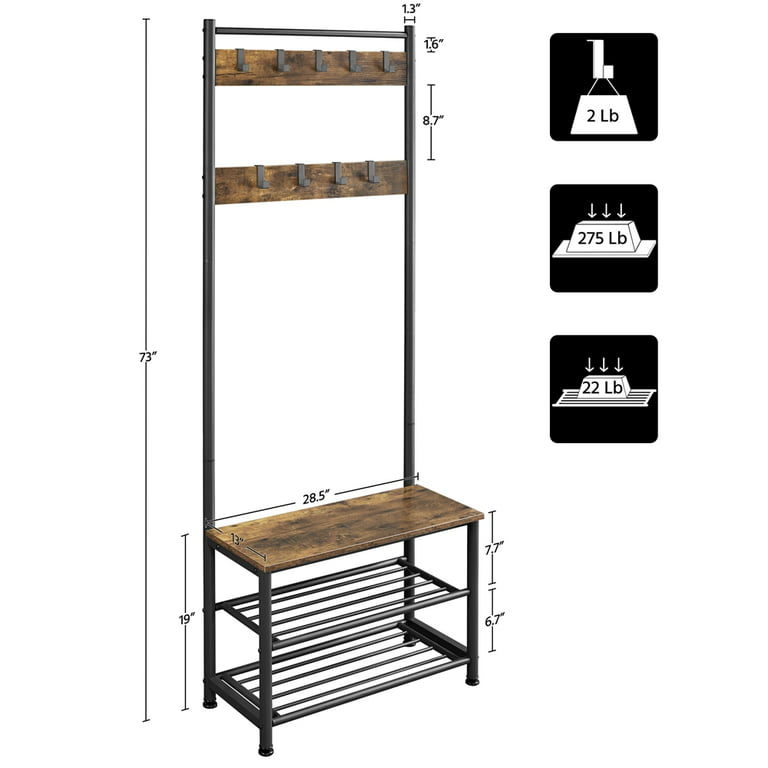 Yartaka 70 H Entryway Coat Rack with Shoe Storage Bench Metal Hall Tree  with 2 Shoe Shelves & 5 Movable Hooks Rustic Brown