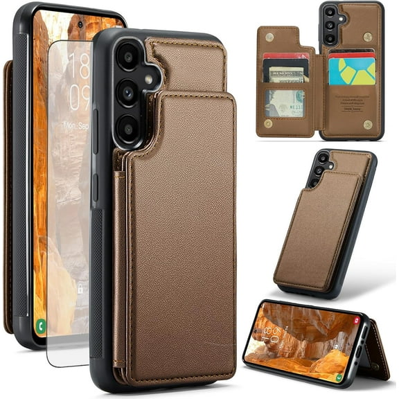 Phone Case for Samsung Galaxy A35 5G Wallet Cover with Tempered Glass Screen Protector and RFID Blocking PU Leather Credit Card Holder Stand Cell Accessories A 35 35A A355G Women Men Brown