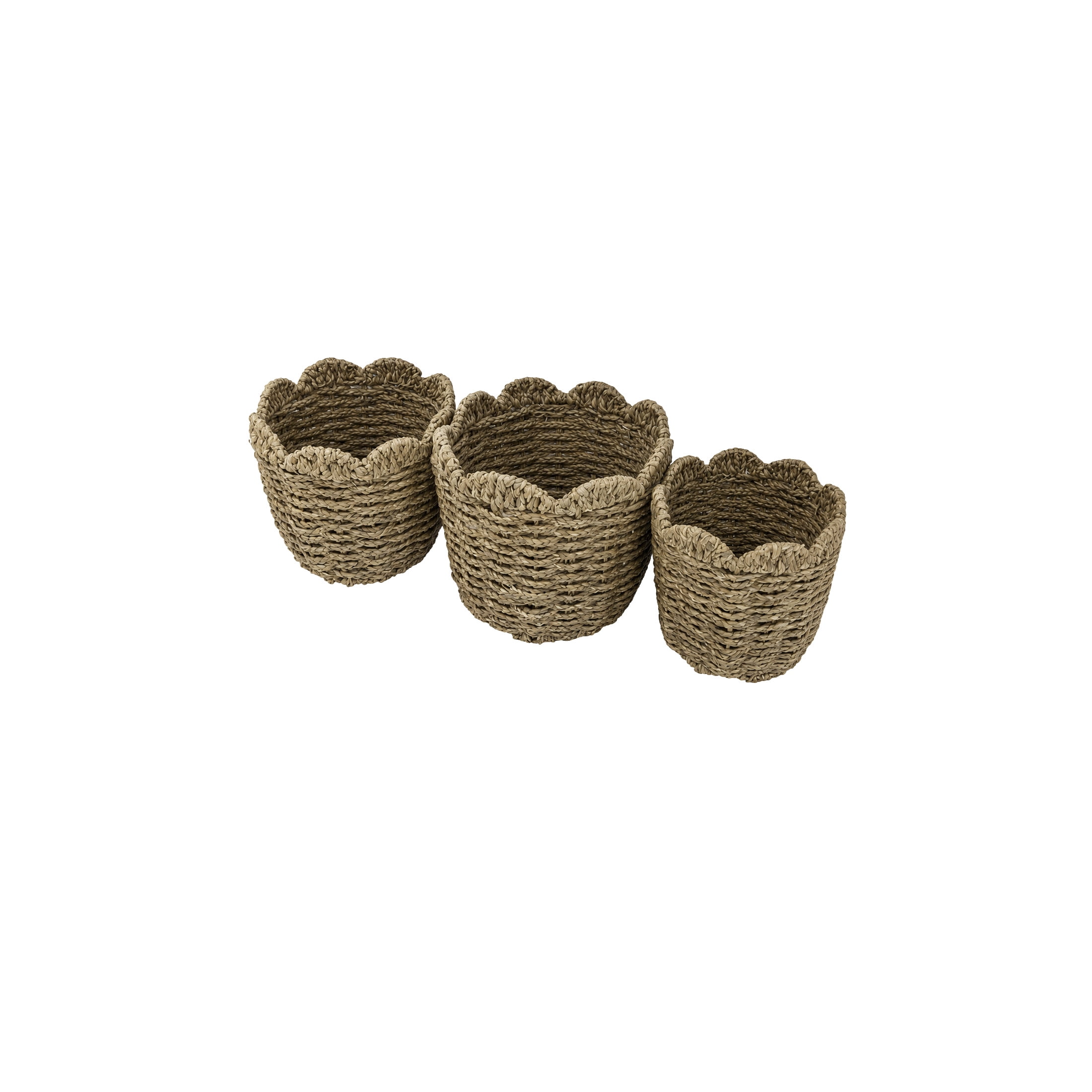DecMode 10", 11", 12"H Brown Seagrass Handmade Woven Storage Basket with Wavy Edges, 3-Pieces