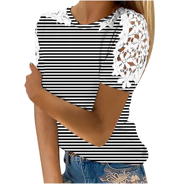 Camisas de Manga Corta para las Mujeres Impresión Cuello Redondo Suéter Encaje Camisa, Blusa de Verano Casual para las Mujeres