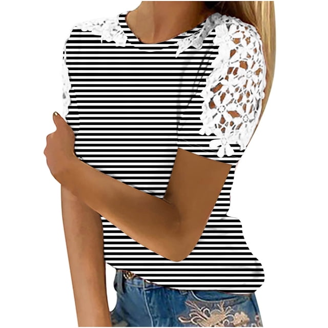 Camisas de Manga Corta para las Mujeres Impresión Cuello Redondo Suéter Encaje Camisa, Blusa de Verano Casual para las Mujeres
