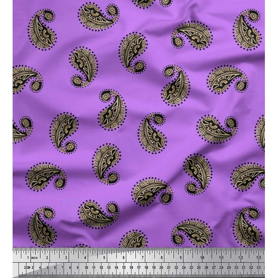 Soimoi Purple Rayon Crepe Fabric Black Sketch Paisley Print Fabric by the Yard 46 Inch Wide