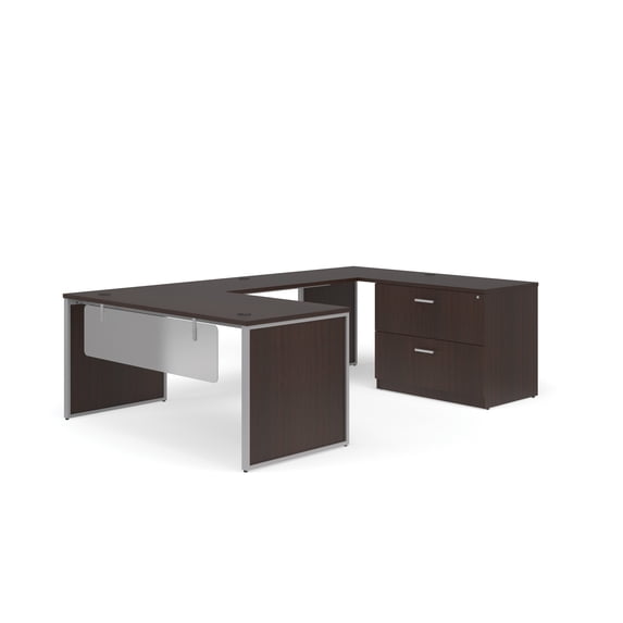 OFM Fulcrum Series Office Furniture Set, 66" U-Shaped Desk with Bridge, Credenza, Lateral Filing Cabinet, Leg Panels, Modesty Panels, in Espresso