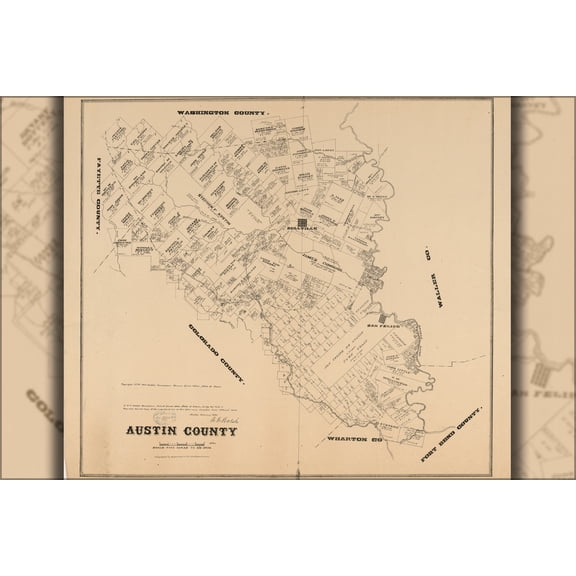 24"x36" Gallery Poster, map of Austin County texas 1880