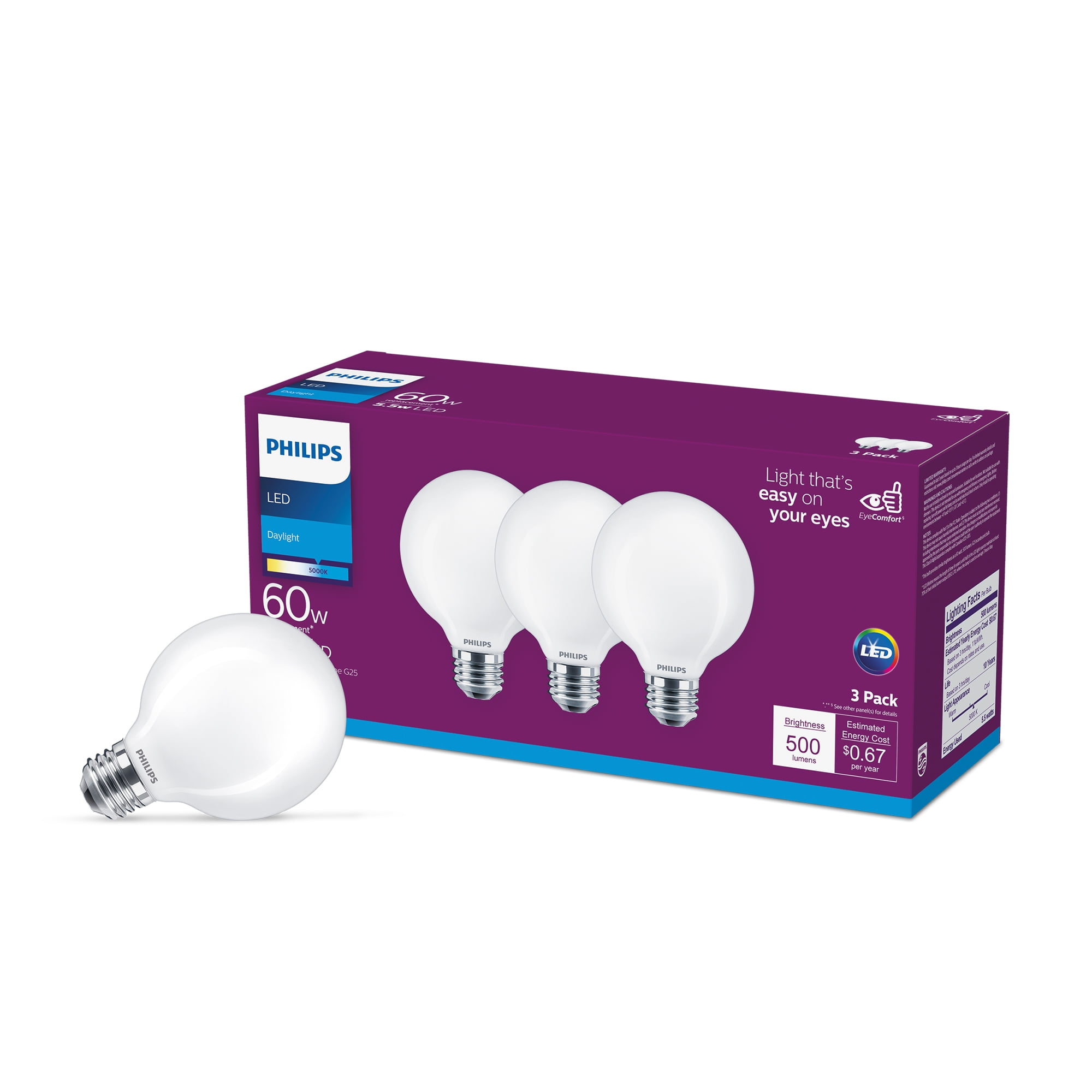 2-Pack Philips 40-Watt Equivalent Daylight G25 Dimmable LED Light Bulb 