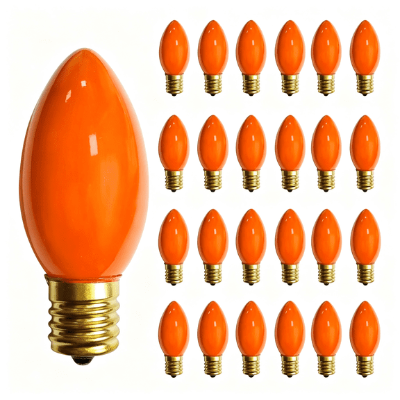 HIBIBUD 25 Pack C9 Orange Halloween Replacement Light Bulb, C9 Orange Christmas Lights Bulbs for Halloween Outdoor Patio String Lights, E17 Intermediate Base Night Light Bulbs, 7 Watt, 120 Volt