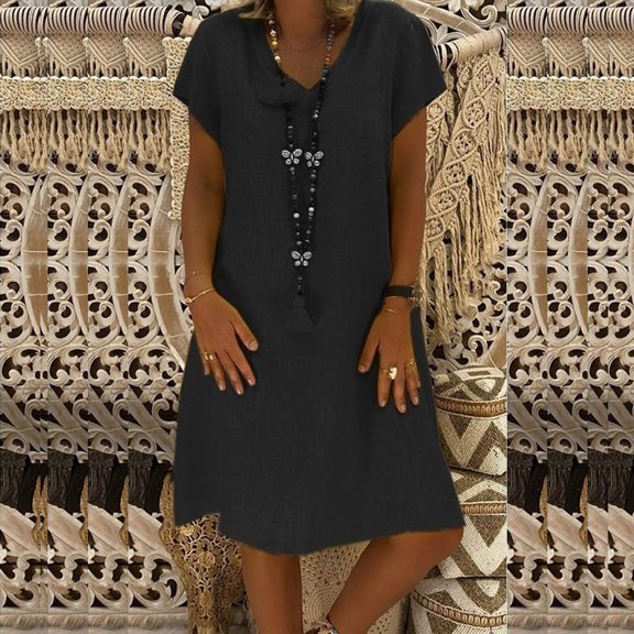 Idoravan Women's Dress Summer Fashion Women Loose V-Neck Summer Solid Short Sleeve Cotton And Linen Dress