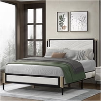 JERFIT Queen Size Upholstered Platform Bed with Boucle Fabric Headboard, No Box Spring Needed, Sturdy Metal Frame,Modern White and Black