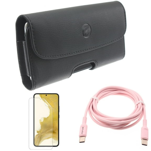 Matte Screen Protector & Case Belt Clip & Pink 6ft Long Cable for Samsung Galaxy S22 (6.1") - TPU Film Anti-Glare & Leather Holster & USB-C to Type-C PD Fast Charger Accessory Bundle