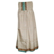 Mogul Women's Maxi Skirt Vintage Silk Sari Relaxed Smocked Waist Divided Skirt
