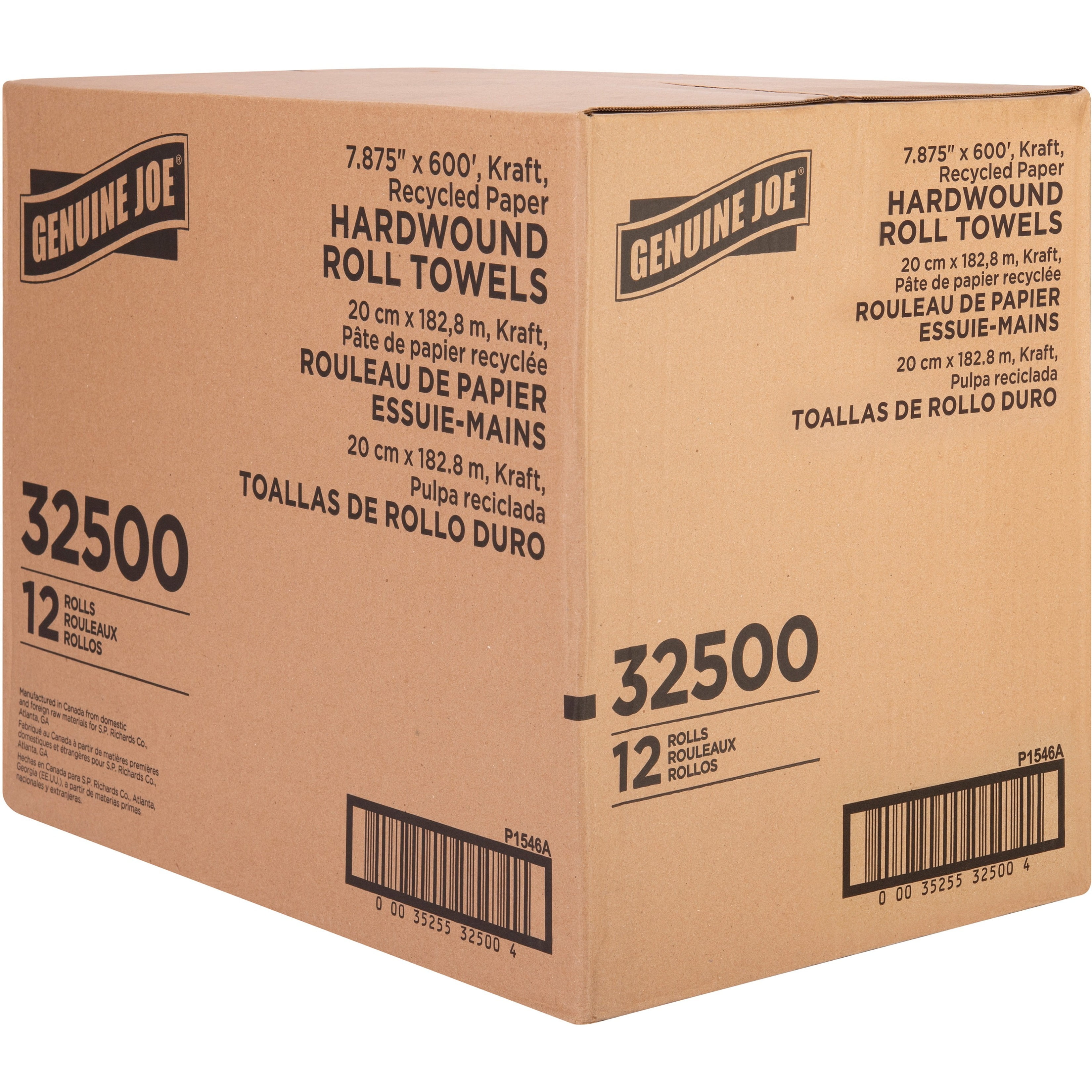 Genuine Joe Embossed Hardwound Roll Paper Towels, 2" Core, Carton of 12
