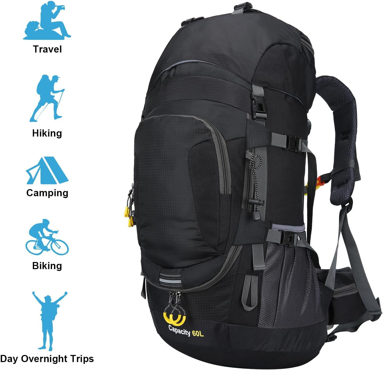SHANNA 60L Waterproof Hiking Camping Backpack with Rain Cover Camping Rucksack Lightweight Hunting Rucksack, Black