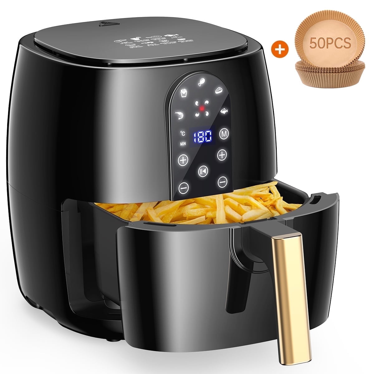 GPED Air Fryer, 5.2QT Air Fryer Oven Oilless Cooker, 5-in-1 Hot Air Fryers with Digital LED Touch Screen, 5 Preset Cookings, Dishwasher-Safe Basket, Including Air Fryer Paper Liners 50PCS