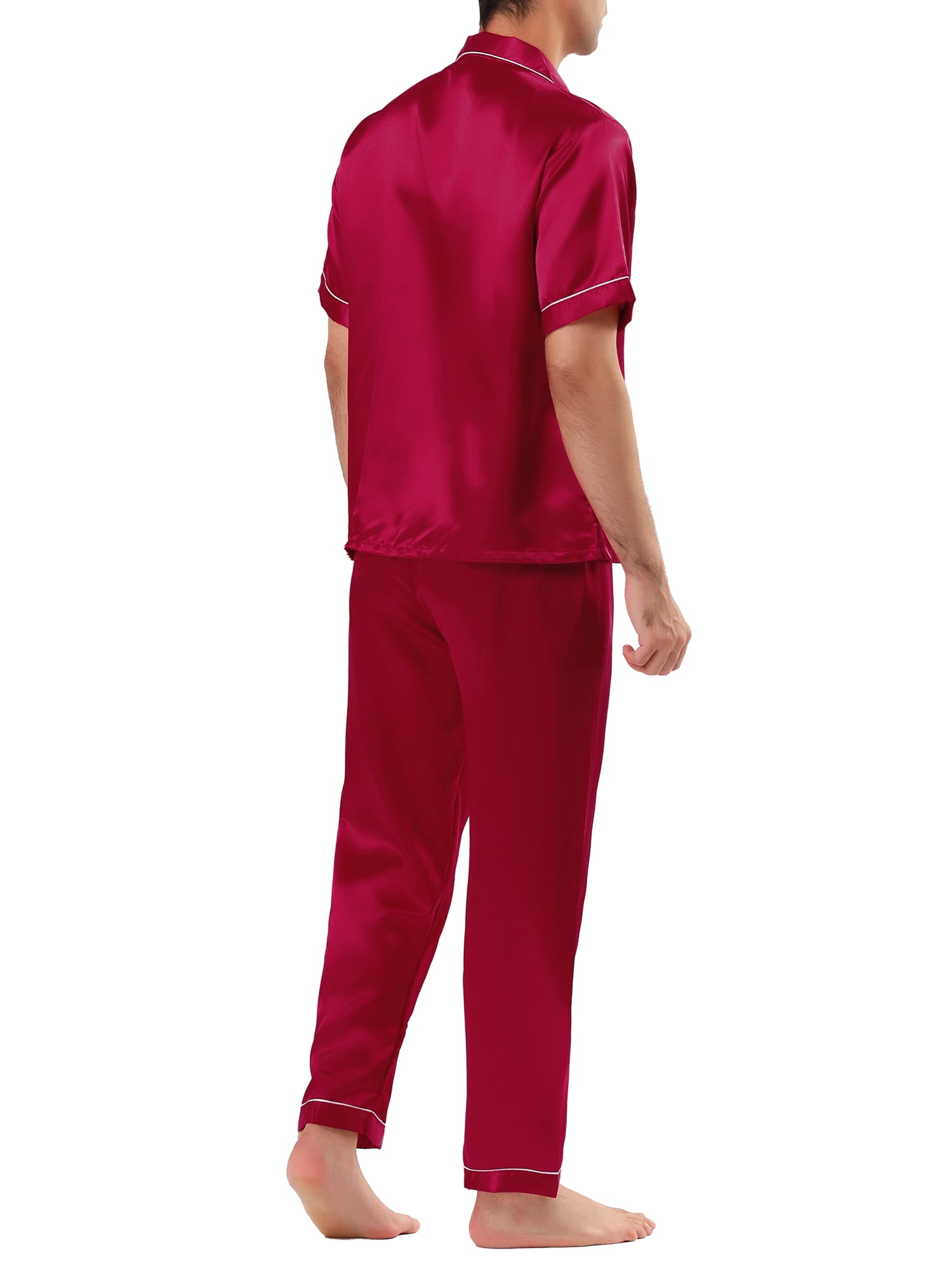 Unique Bargains Men's Button Down Satin Pajama Sets Short Sleeves Nightwear Large Burgundy