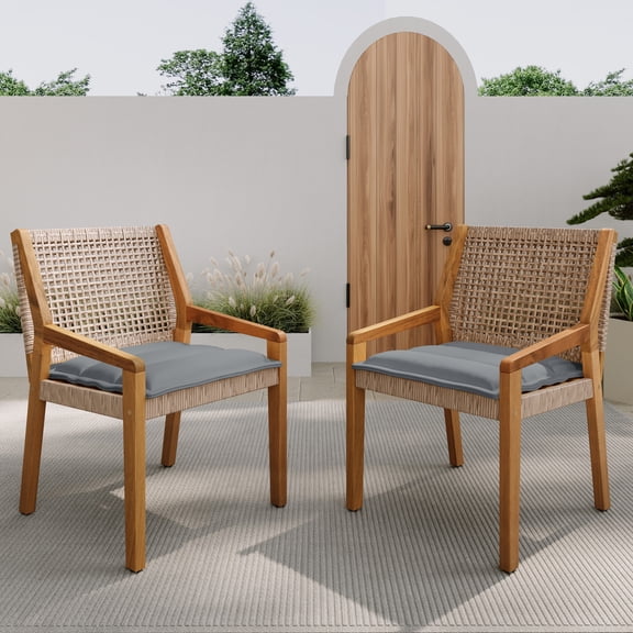 Outdoor Dining Chairs, Set of 2 Acacia Wood and Wicker Armchairs with Grey Cushions, 400 lbs Capacity Heavy Duty Weather Resistant Patio Seating for Garden, Deck and Balcony, Brown