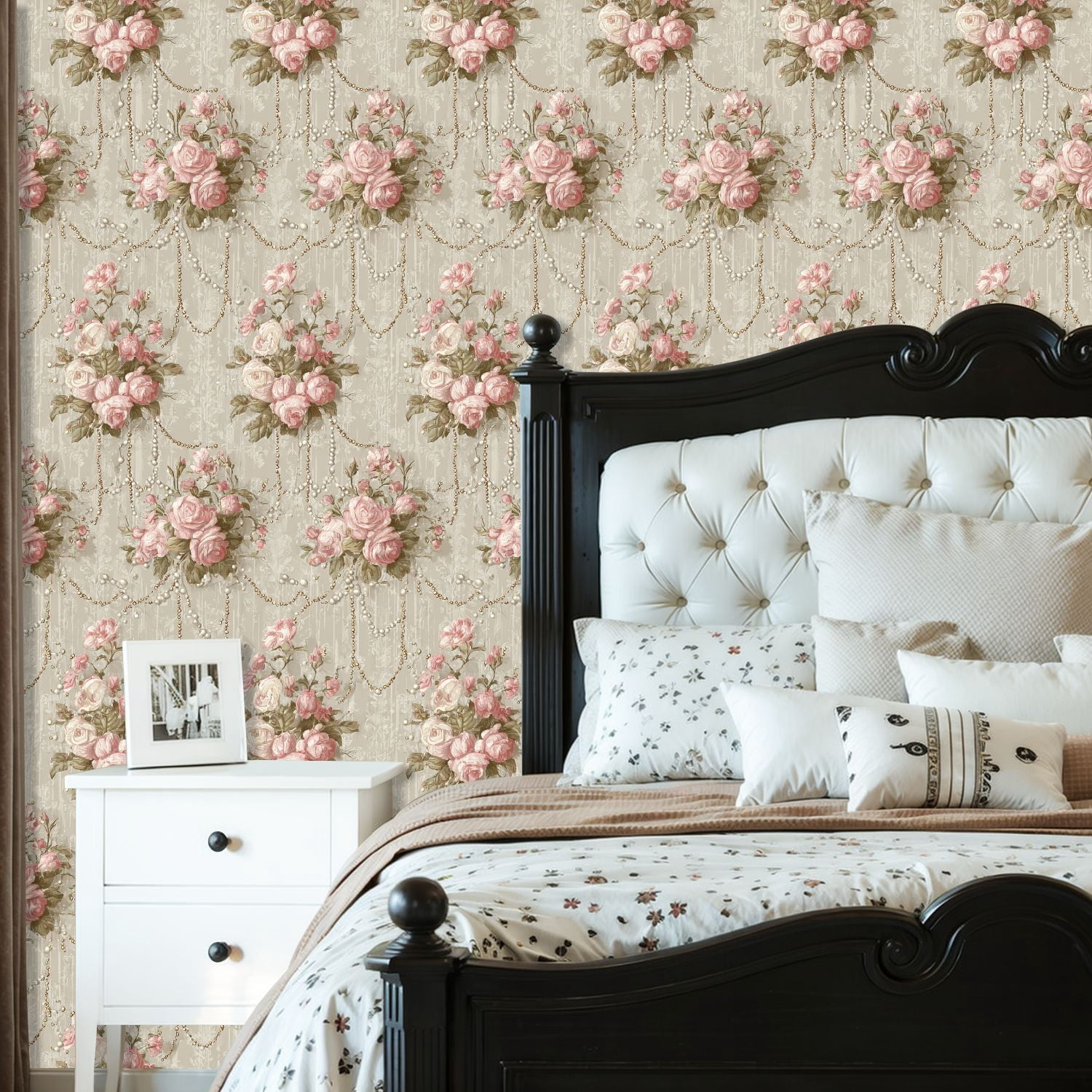 Peel and Stick Wallpaper Vintage Floral Rose Pearls Gold Accents Wall Mural 23.6in x 9.8ft Self Adhesive Removable Wall Paper Renter Friendly Wallpaper for Bedroom