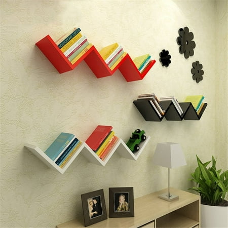 Floating Wall Shelves W Shaped Shelf Rack Organizer Hanging Bookshelf Mounted Book Storage Display Unit