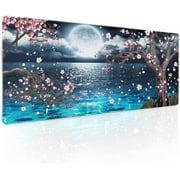 Pink Cherry Blossom Gaming Mouse Pad XL Sakura Tree Blue Ocean Moon Night Extended Big Large Desk Mat Non-Slip Rubber Base Stitched Edge Long Keyboard Mousepad for PC Computer Laptop,31.5×11.8 in
