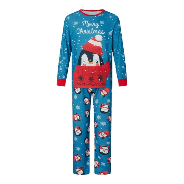 FAROOT Christmas Family Pajamas Matching Set, Letters Print T-shirt with Penguin Snow Print Pants